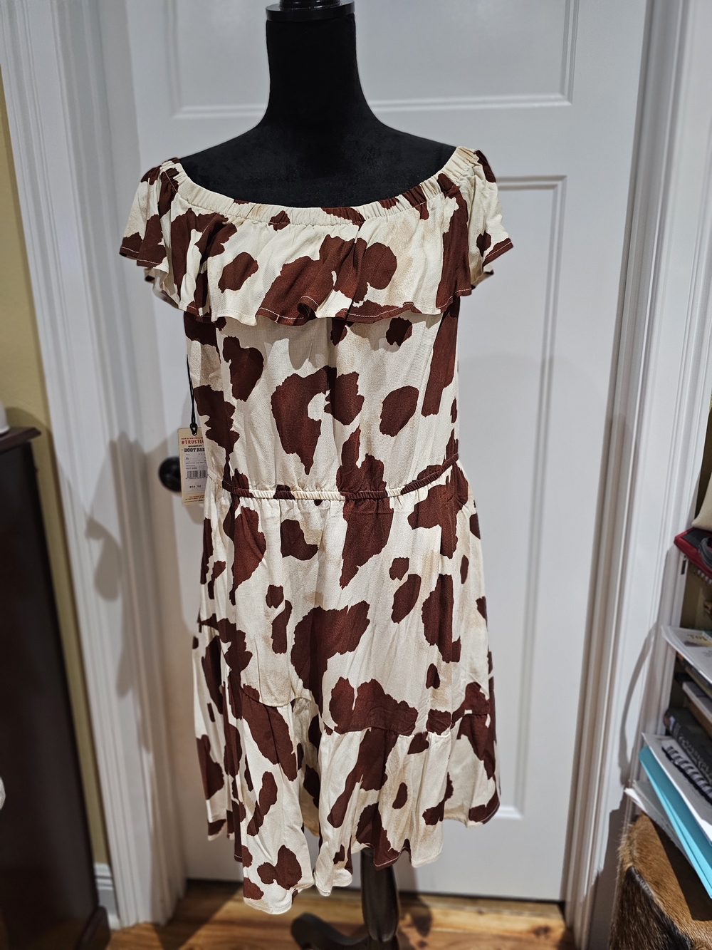 Idyllwind Off-Shoulder Cow Print Dress in Brown & Cream, NWT